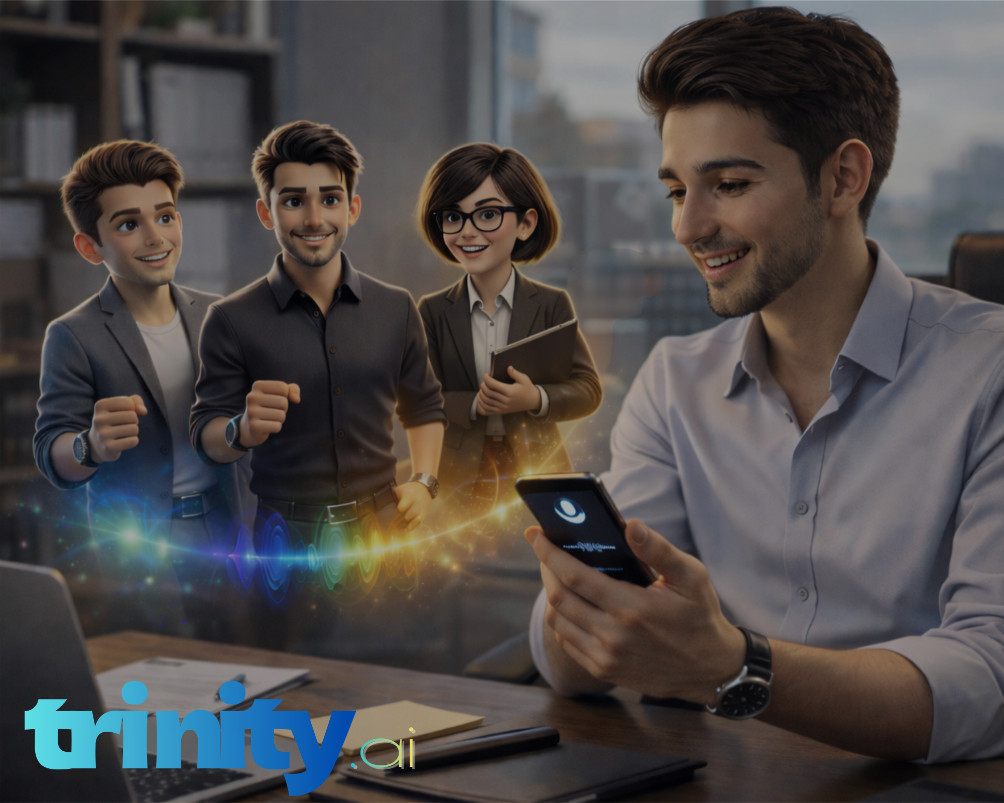 Un homme utilisant un smartphone avec trois avatars numériques de style cartoon superposés à l'avant-plan.