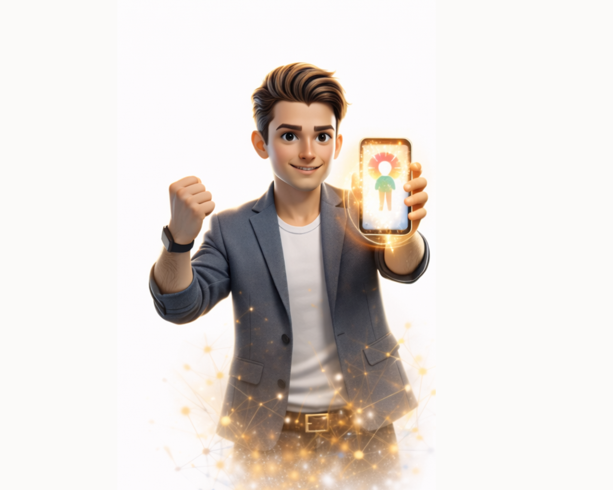 Un jeune homme en costume gris tenant un téléphone portable affichant une image d'une icône de profil humain avec un halo de lumière autour, exprimant la réussite ou le succès.