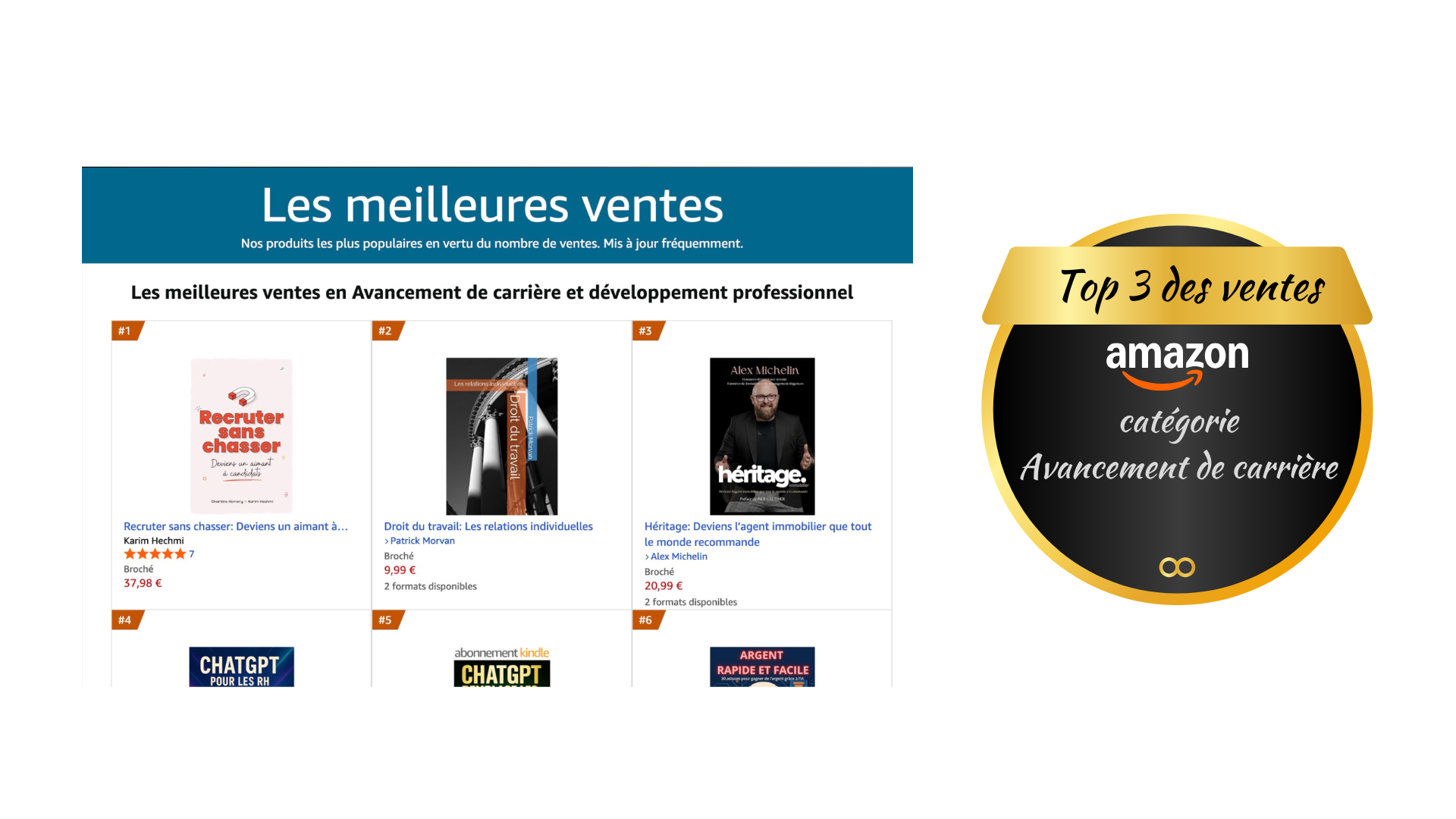 Infographie présentant les meilleures ventes en ce moment, avec un focus sur les trois premiers produits et le top 3 des ventes sur Amazon dans la catégorie 'Avancement de carrière'.