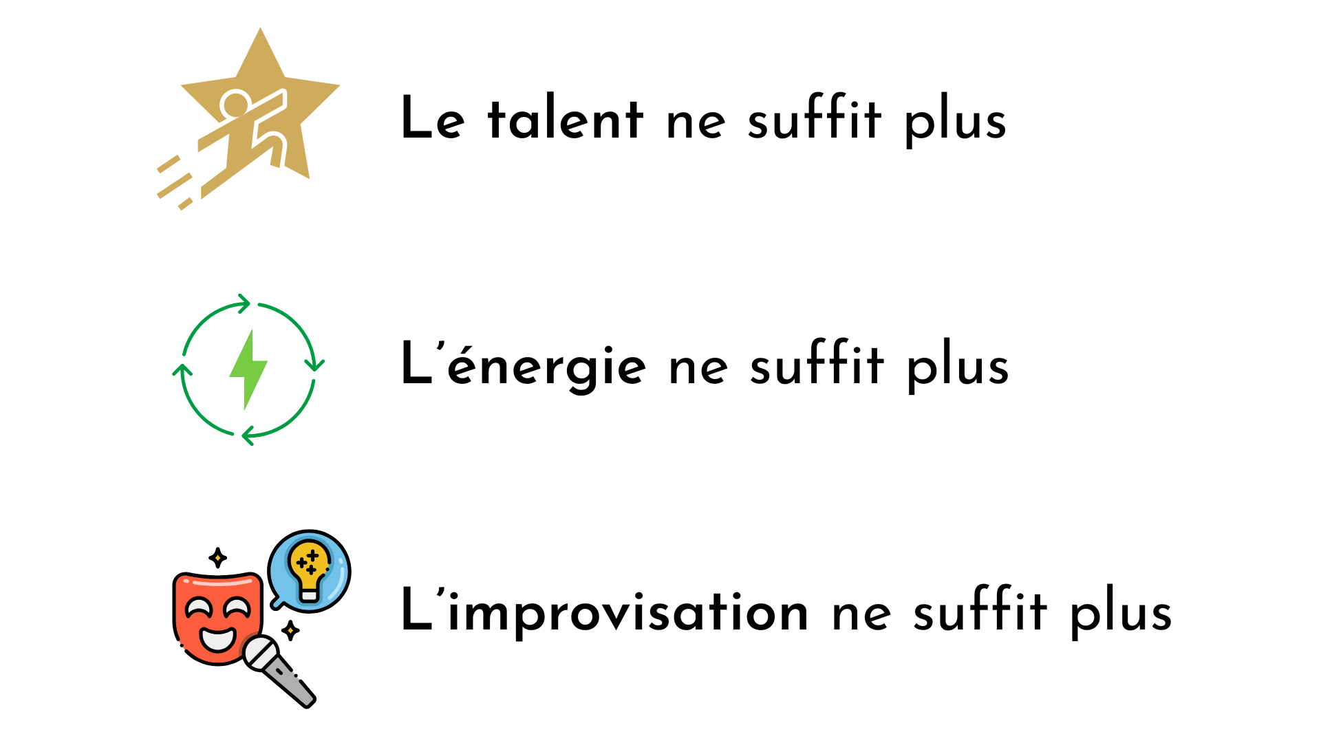 Texte en français avec trois icônes : une icône d'une personne courant avec une étoile, un symbole de recyclage avec un éclair, et un visage souriant avec un microphone. Les textes indiquent : "Le talent ne suffit plus", "L’énergie ne suffit plus", "L’improvisation ne suffit plus".