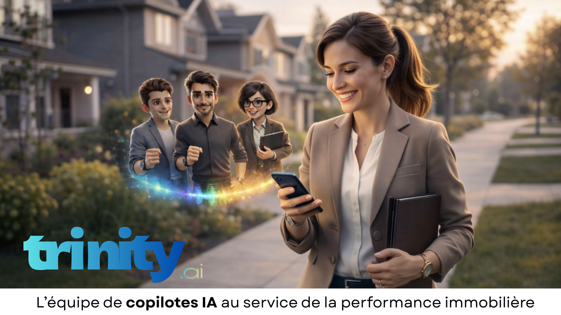 Une femme d'affaires utilisant un téléphone portable, entourée de quatre avatars de style cartoon représentant une équipe de professionnels de l'immobilier, dans un quartier résidentiel lors du coucher du soleil.