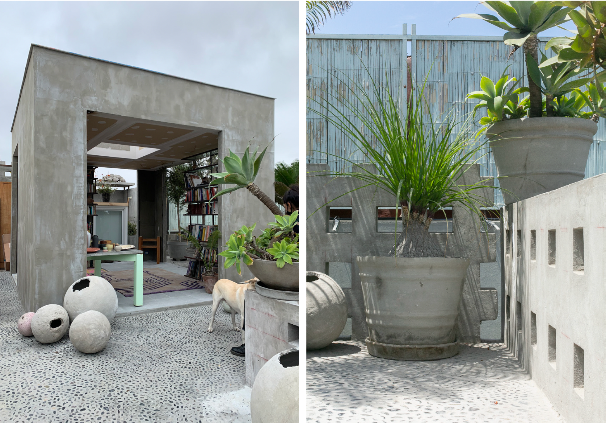 A side-by-side comparison of a modern outdoor patio space featuring large potted plants and decorative concrete balls, with a background of a clear blue sky and wooden and concrete elements.