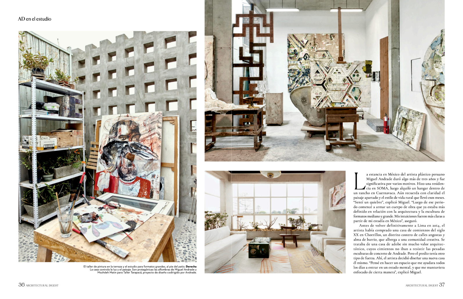 Three images of an art studio and living space. The first shows an outdoor artist workshop with painting supplies and a large abstract painting of a cow. The second shows an indoor art studio with sculptures, wooden furniture, and artwork on the walls. The third displays a bright living room with large windows, a sofa, a coffee table, and plants.