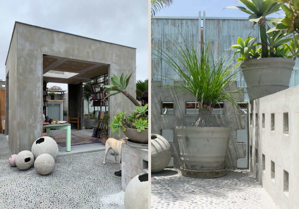 A split image showing two outdoor spaces with large potted plants, concrete decorative balls, and minimalist furniture. The left side features an open-shelter with bookshelves inside, while the right side has a high concrete wall with square openings.