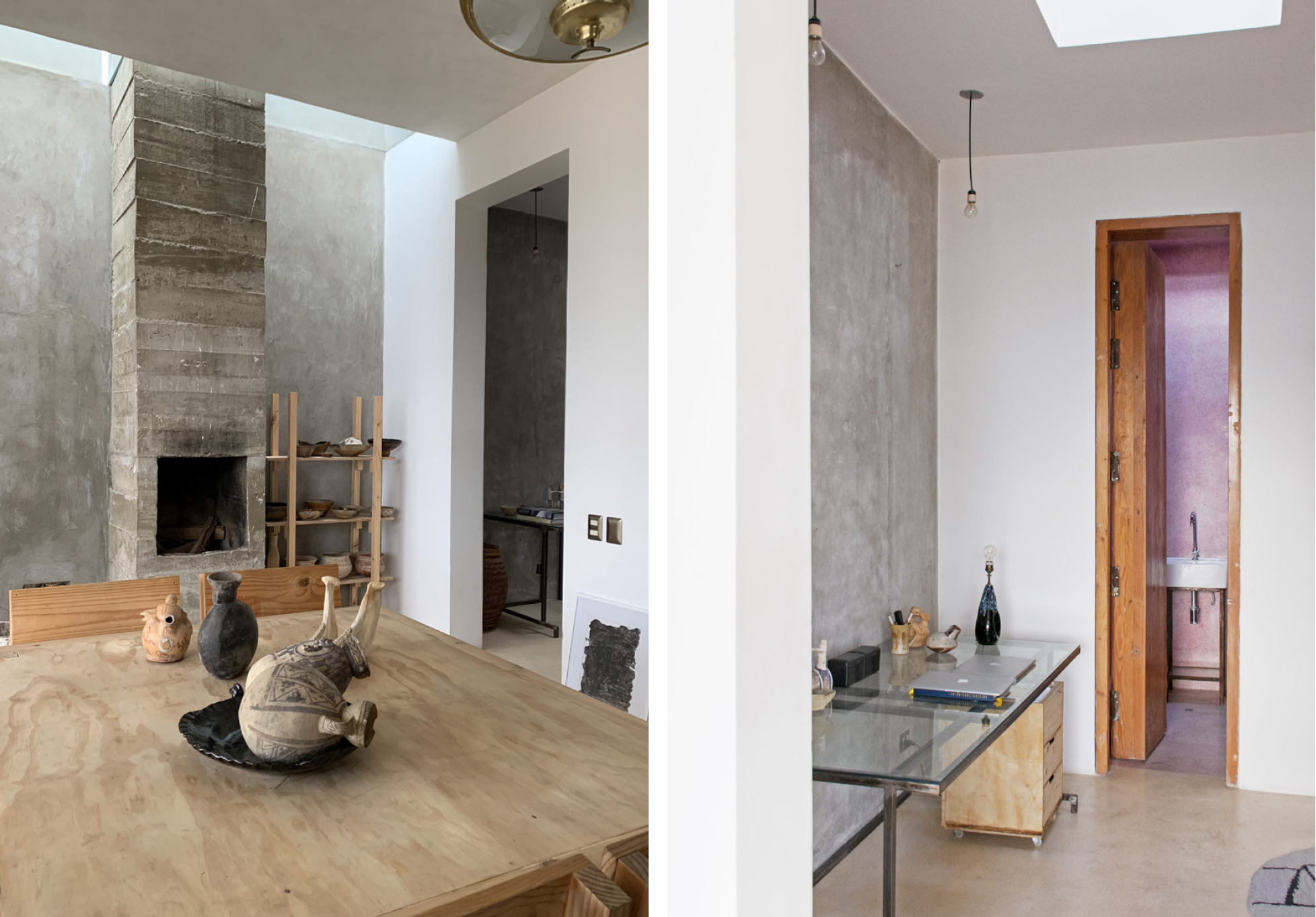 Interior view of a room with a wooden dining table, decorative vases, and a fireplace; another partial view of a doorway leading to a small room with a sink and purple walls.