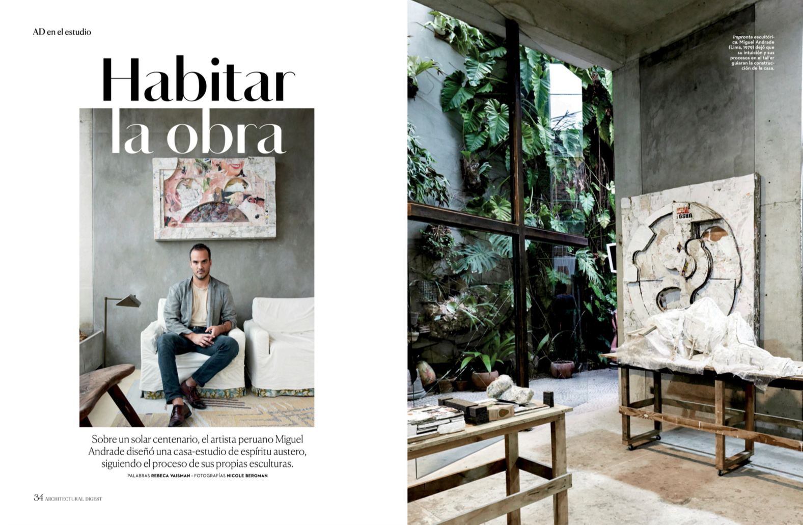 Magazine page with text titled 'Habitar la obra' showing a portrait of a man sitting on a sofa in an art studio, with a large abstract artwork on the wall behind him, and a photo of an art studio with concrete walls, large windows, plants, and sculptures on display.