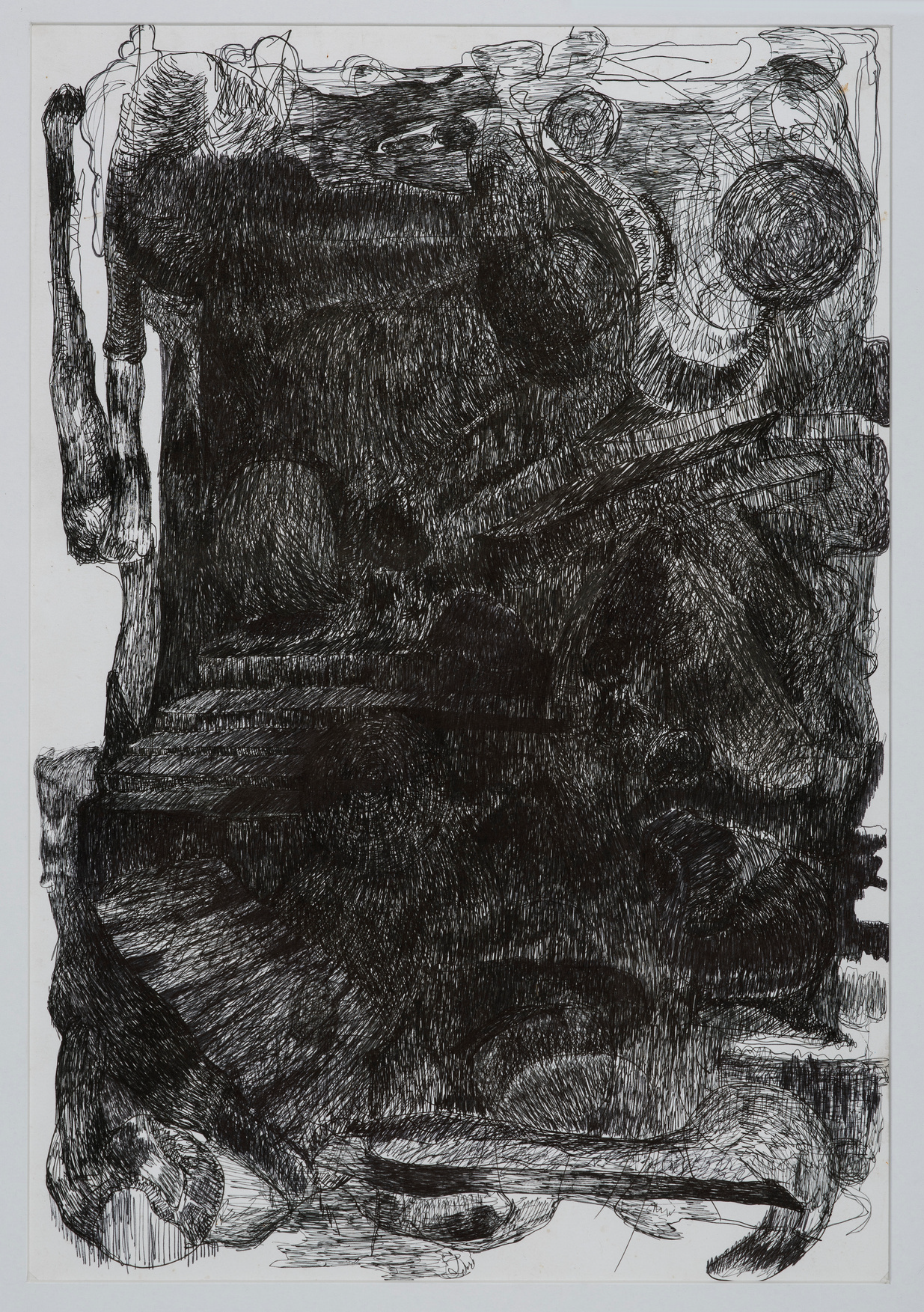 A black and white drawing made in dark pencil that appears abstarct but reveals figuration such as paved path and caves that is inspired by Costa Verde outside Lima in Peru.