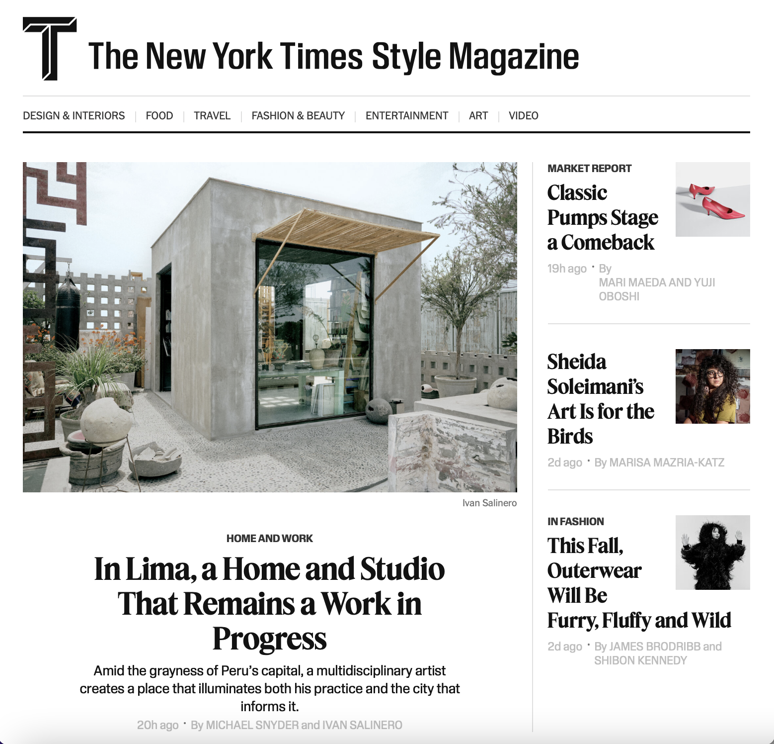 T Magazine feature by Michael Snyder about Miguel Andrade Valdez's home and studio in Lima.png