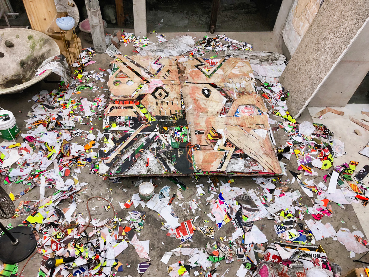 Miguel Andrade Valdez
CULTURA LIMA, work in progress in the studio 
2018
Agglomeration of posters, wood filler, playwood, linseed oil.
270cm x 260cm x 25cm
Courtesy: Miguel Andrade Valdez