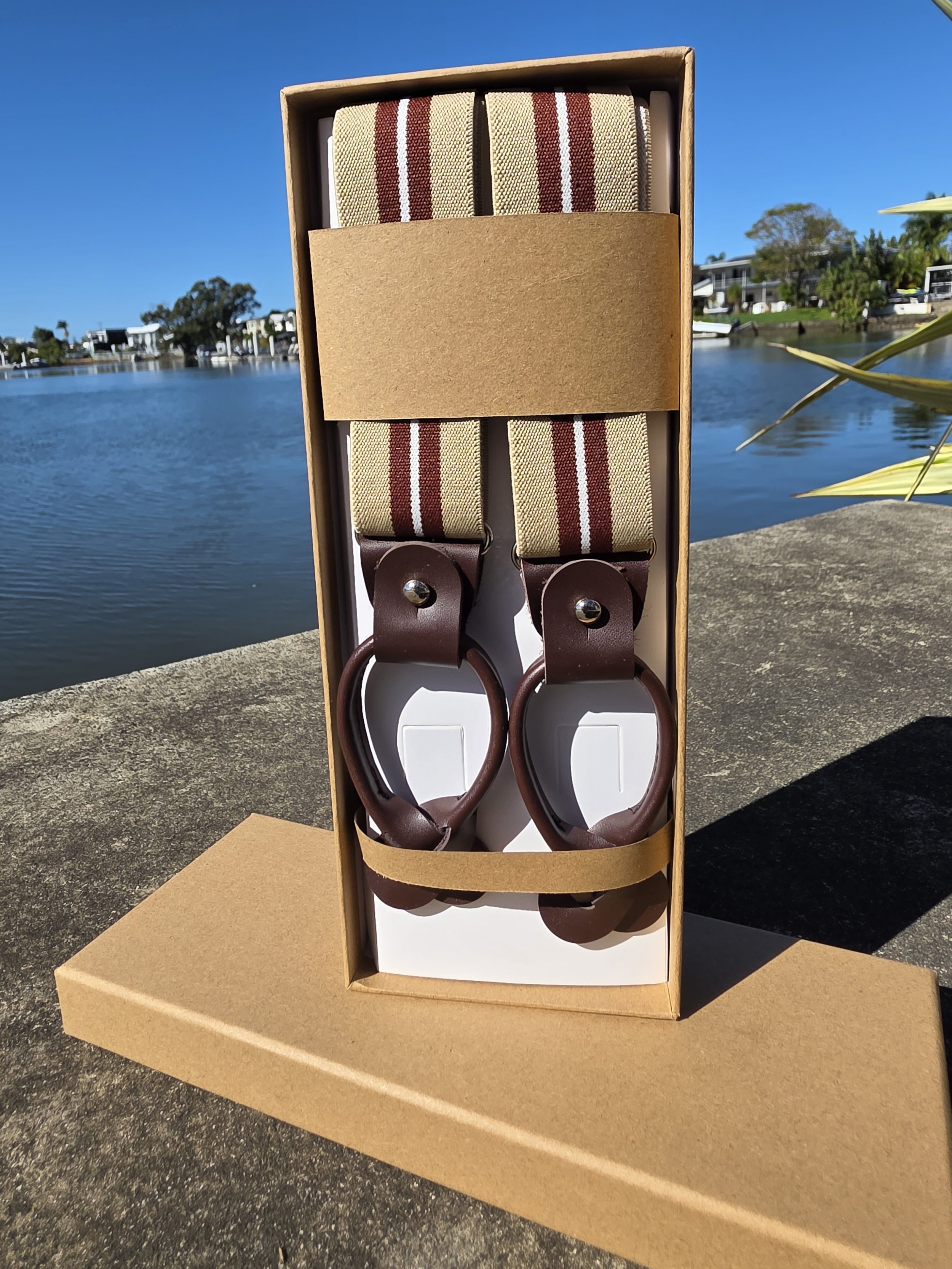 Beige & Burgundy Stripe Leather Suspenders