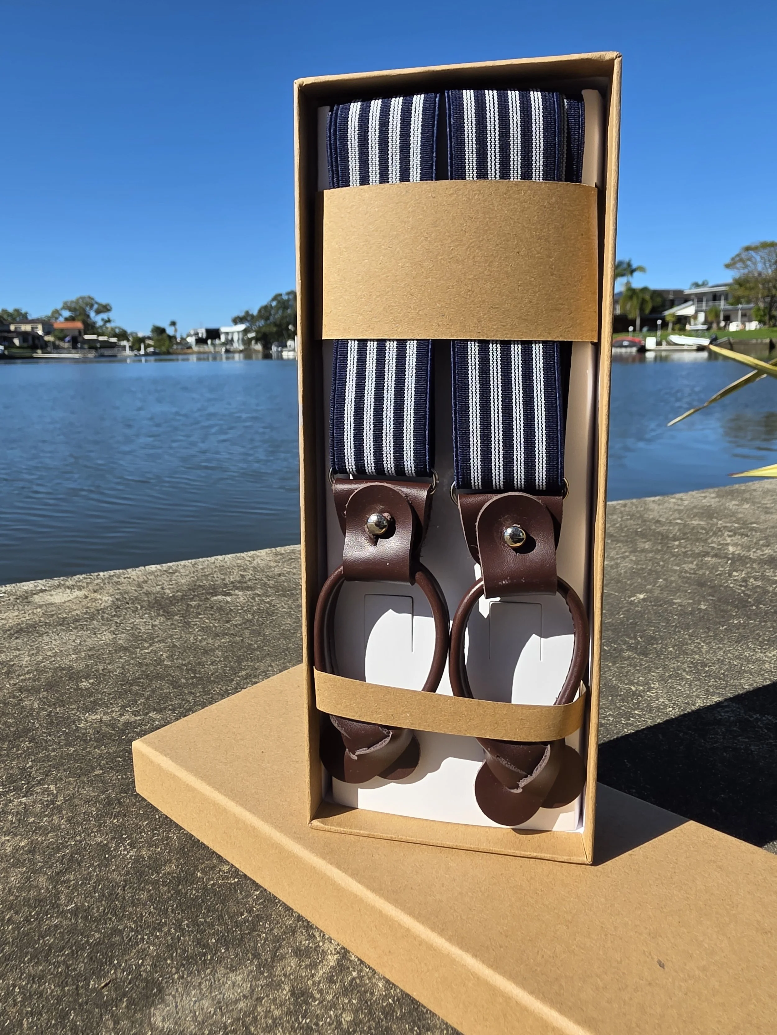 Navy Stripe Leather Suspenders