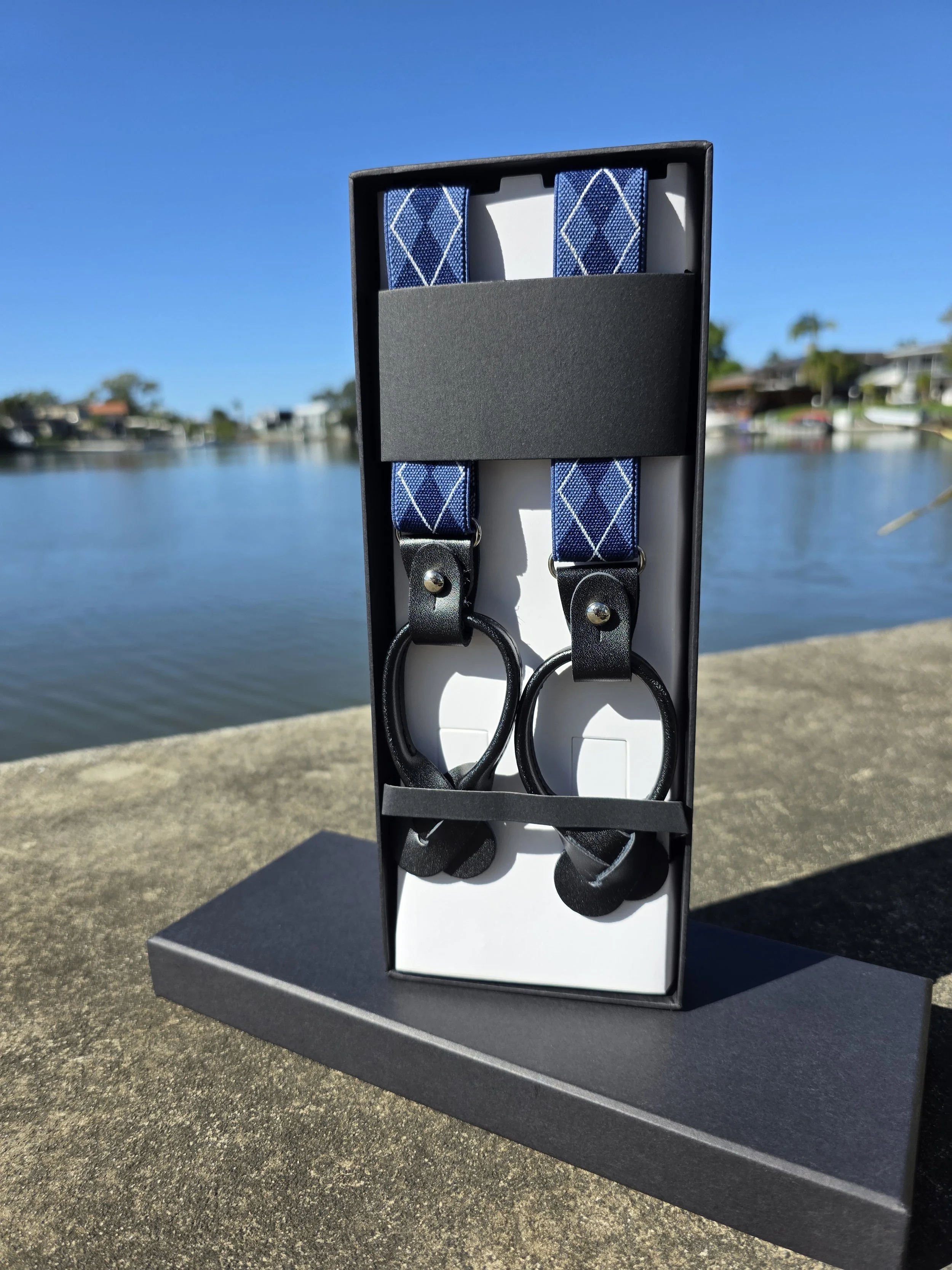 Navy Argyle Leather Suspenders