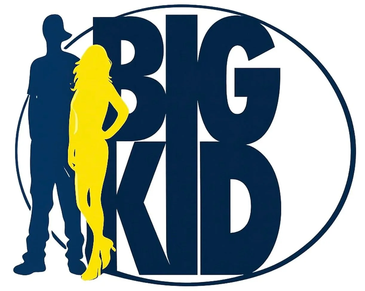 Logo with large letters spelling 'BIG PINK' in a dark blue font inside an oval, with silhouettes of a man in a hat, a woman with long hair, and a child outlined in yellow and dark blue.