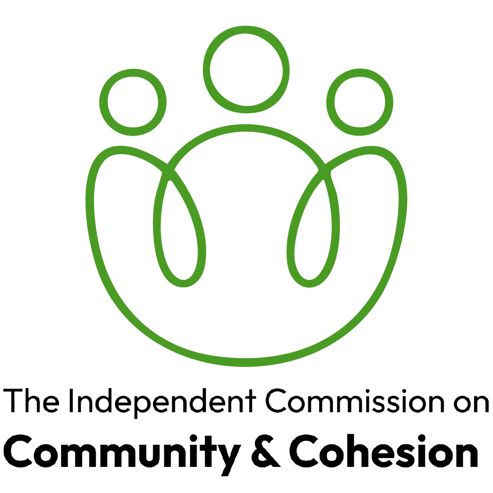 Logo of the Independent Commission on Community & Cohesion featuring three stylized human figures in a circle, outlined in green with the organization's name beneath.