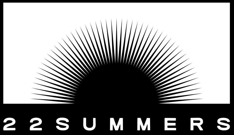Black and white graphic of a rising sun with radiating rays and the text '22 Summers' below.