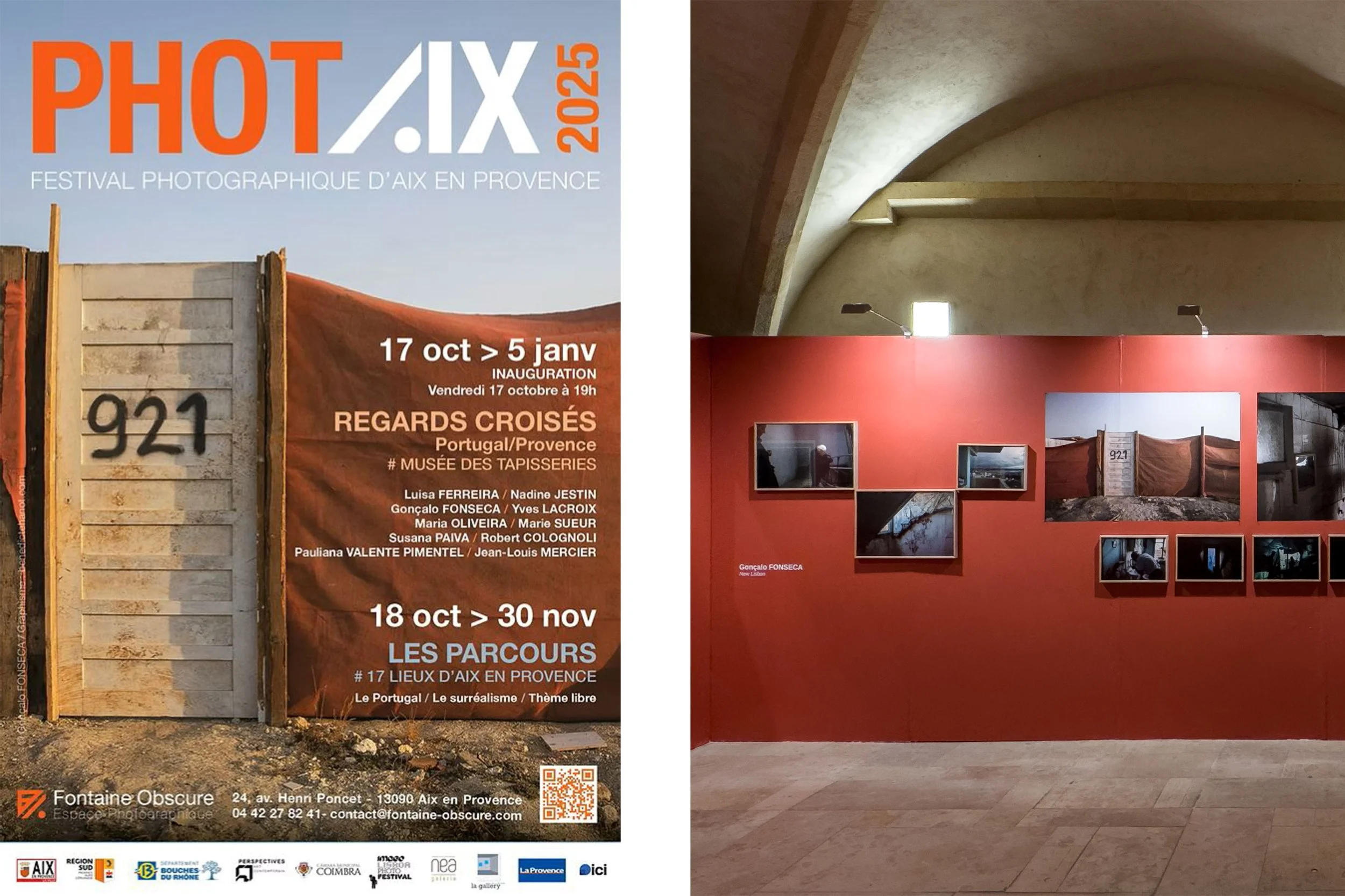 Cartaz promocional de um festival de fotografia denominado "PHOT/AIX 2025", com detalhes sobre exposições em diferentes datas, incluindo títulos, datas e nomes de artistas, ao lado de uma parede vermelha expondo várias fotografias e uma introdução ao tema da exposição.