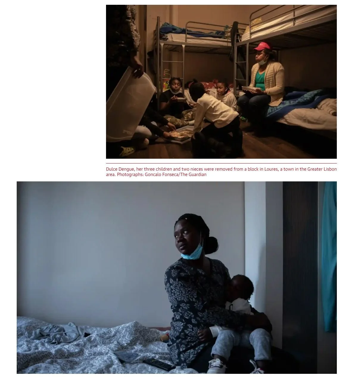 Imagem de um grupo de crianças e uma mulher em um quarto de dormir, com beliches ao fundo. Crianças brincando e interagindo, usando roupas casuais. A mulher sentada na cama usa máscara facial, segurando uma criança. O ambiente sugere um momento de convivência familiar ou comunitária.