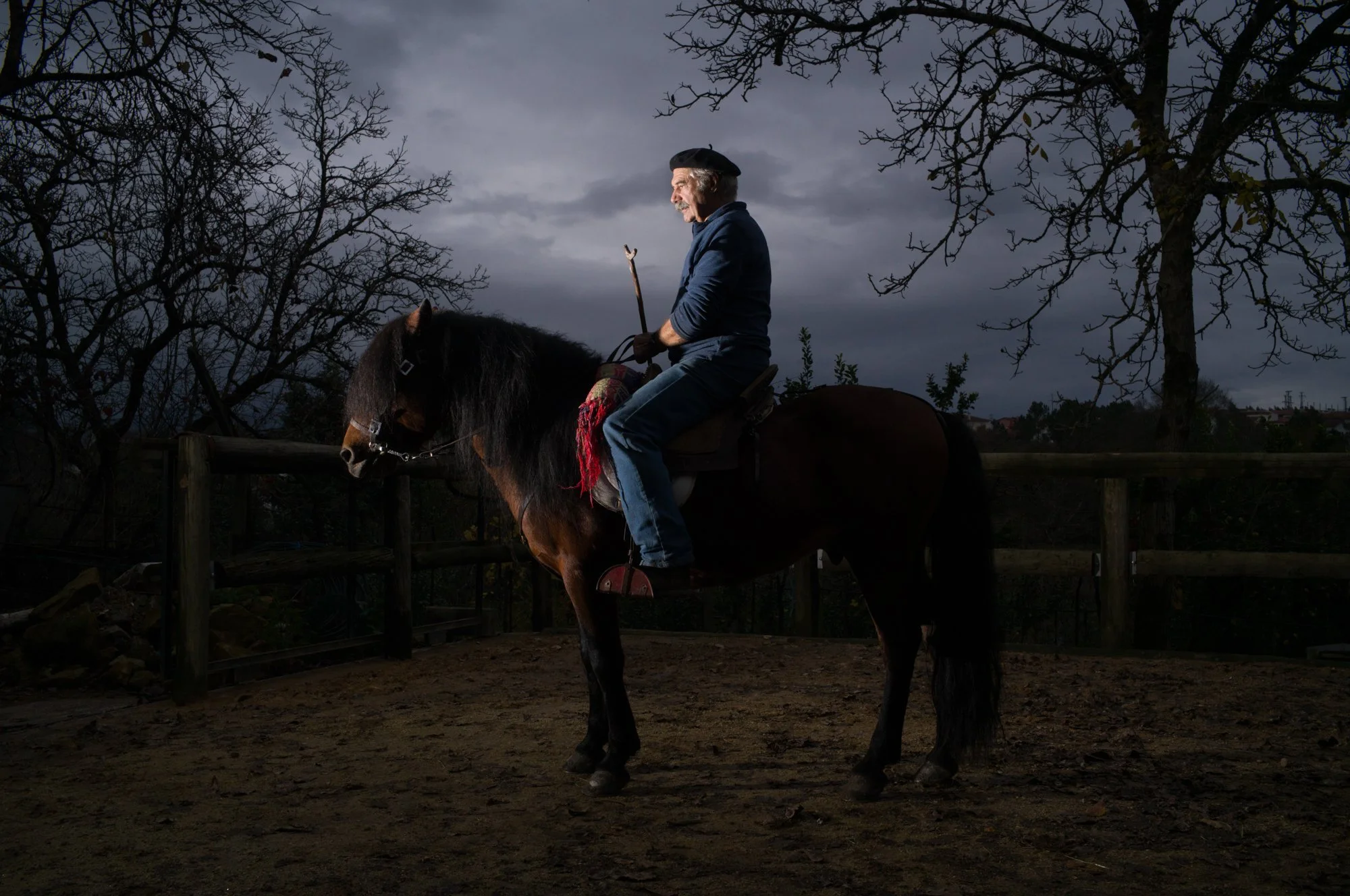 An older man riding a dark brown horse in a fenced outdoor area during cloudy weather, with leafless trees in the background.