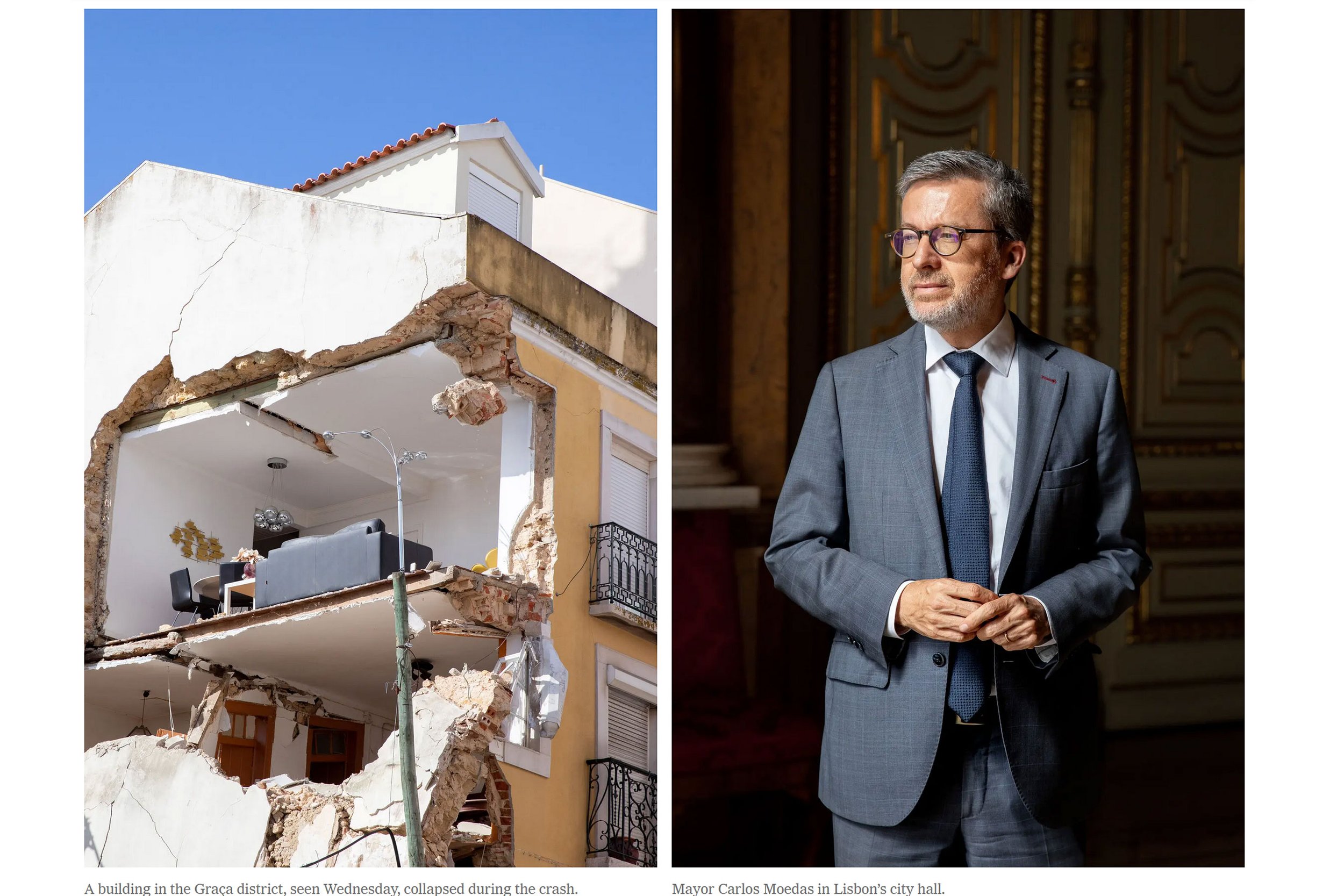 À esquerda, prédio colapsado na cidade de Graz, com parte da estrutura caída, paredes rachadas e interior visível. À direita, homem idoso com barba e cabelos grisalhos, vestindo terno cinza, usando óculos, em um interior elegante, possivelmente na prefeitura de Lisboa.