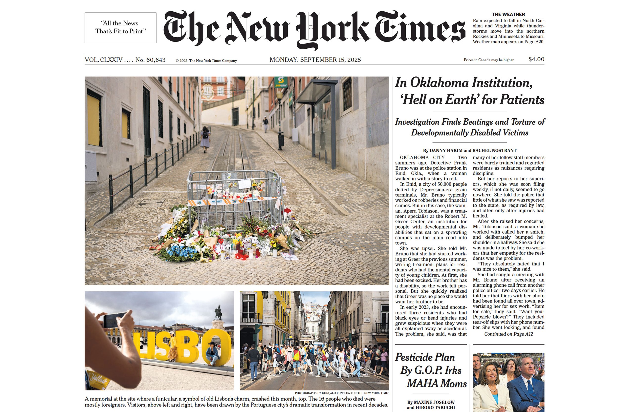Imagem da primeira página do jornal The New York Times, de 15 de setembro de 2025, mostrando três fotos: uma de um memorial com uma cadeira de rodas decorada com flores na rua, uma de uma pessoa tirando foto de uma instalação com letras grandes 'HBO', e uma de várias pessoas atravessando uma rua em Lisboa, além de textos relacionados às notícias.