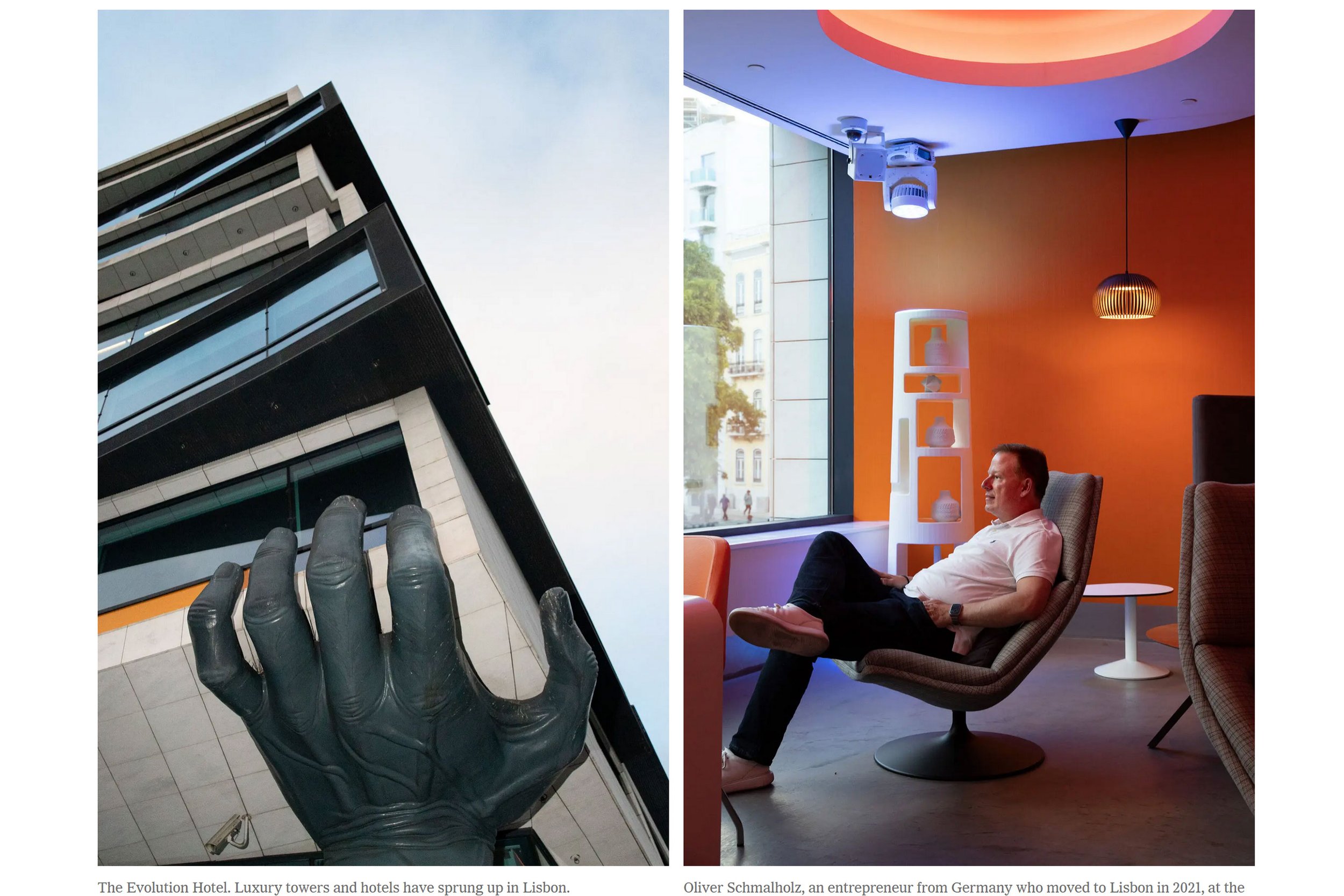 Imagem dividida em duas partes. A esquerda mostra uma torre moderna de edifícios com uma mão gigante de escultura apontando para o céu, em Lisboa. A direita mostra um homem sentado relaxado em uma cadeira em um interior de hotel com parede laranja, iluminação moderna e uma janela grande.