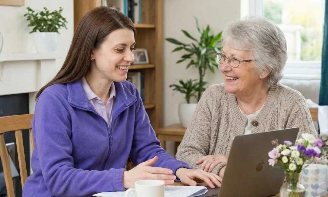 Zwei Frauen, eine jüngere und eine ältere, sitzen an einem Tisch, lachen und sprechen miteinander, und führen den Beratungseinsatz durch.