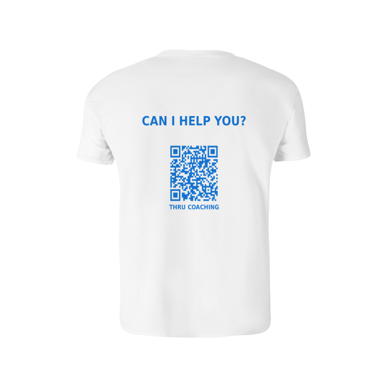 White T-shirt with blue text that says 'CAN I HELP YOU?' above a QR code and below it says 'THRU COACHING'.