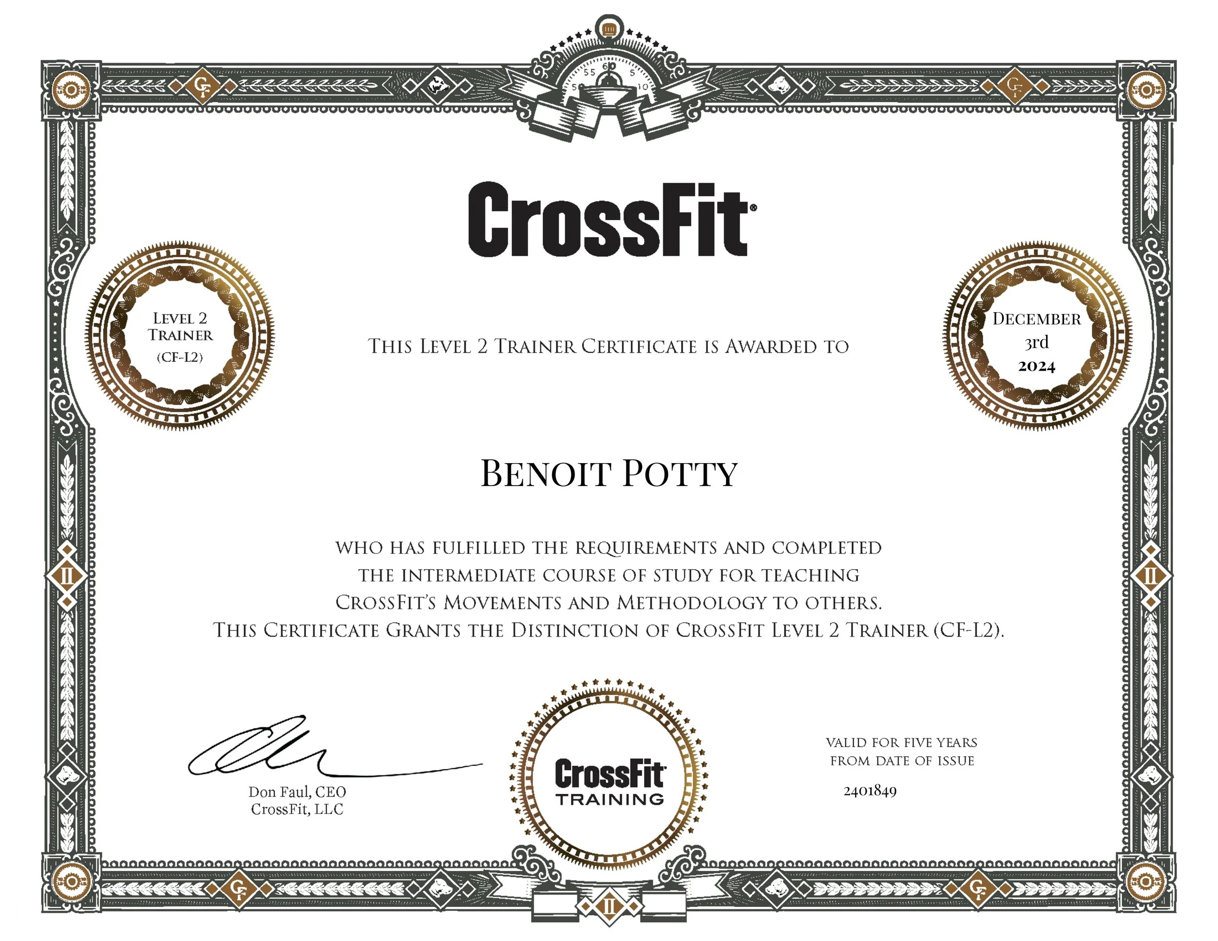 CrossFit Level 2 Trainer certificate awarded to Benoit Potty, December 3rd, 2024, with decorative border, gold and black accents, and a signature at the bottom.
