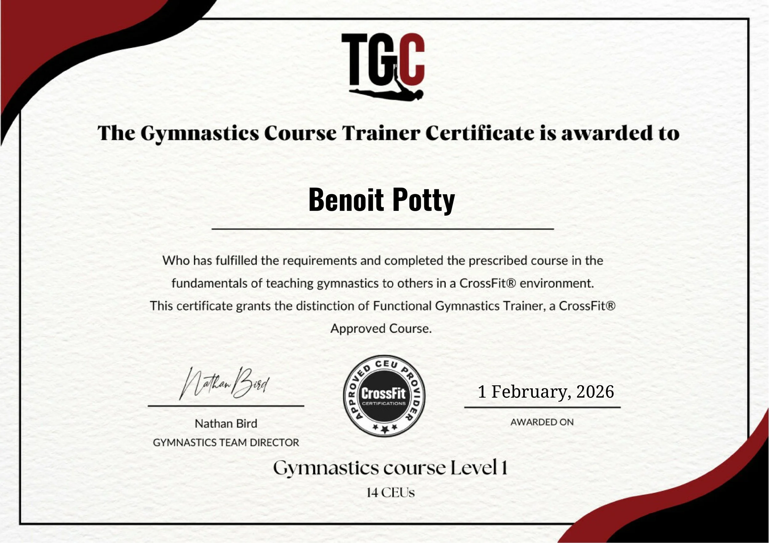 Certificate of achievement awarded to Benoit Potty for completing a gymnastics course Level 1, issued by CrossFit®, dated February 1, 2026, signed by Nathan Bird, Gymnastics Team Director.