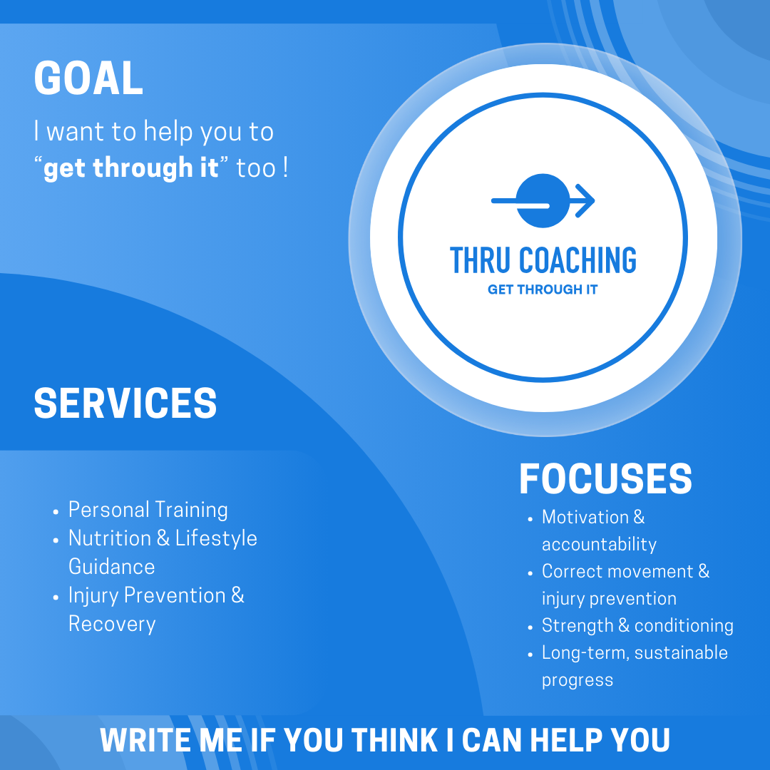 Blue and white graphic promoting coaching services with sections for goal, services, and focuses, including a circular logo with a forward arrow and text 'Thru Coaching: Get Through It.'