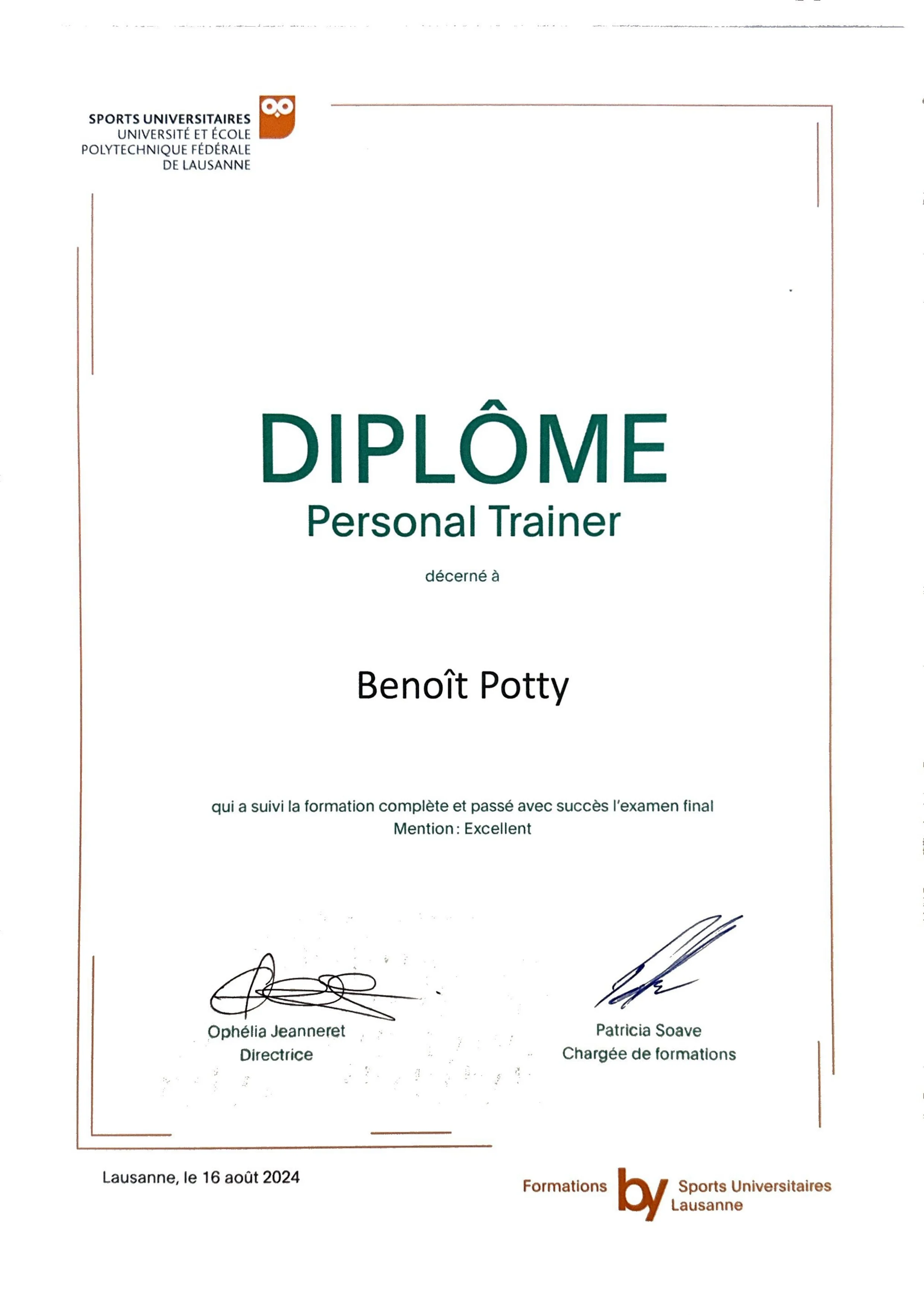 A diploma certificate from the Polytechnic Federal University of Lausanne awarded to Benoît Potty for completing personal trainer training, dated August 16, 2024, with signatures of Ophélia Jeanneret and Patricia Soave.