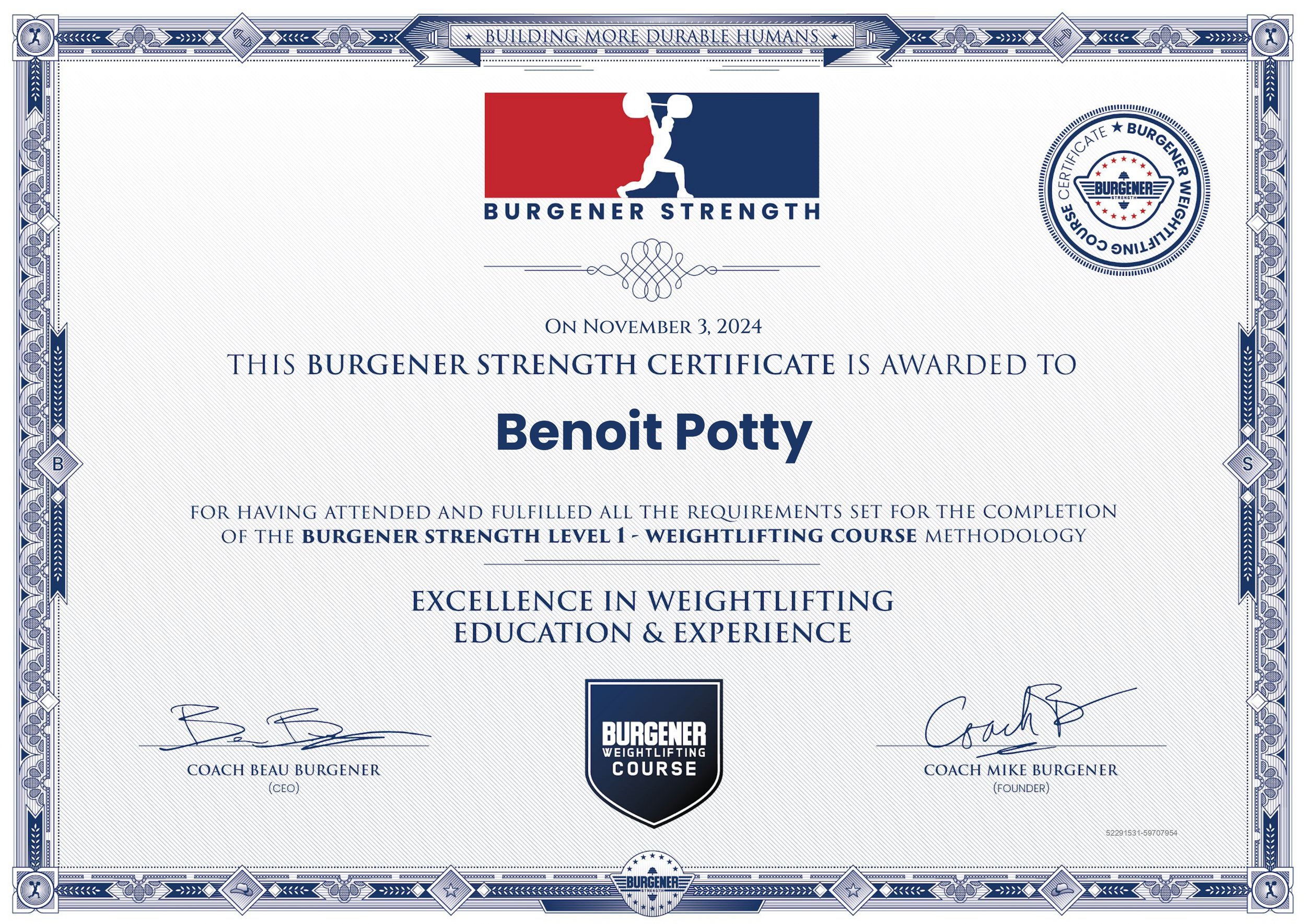 A certificate awarded to Benoit Potty for completing the Burgener Strength Level 1 Weightlifting Course. The certificate is decorated with blue borders, a logo of a weightlifter, and signatures from coaches Beau Burgener and Mike Burgener.