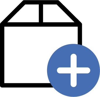 Et ikon af en kasse, foran den er der en blå cirkel med et gennemsigtigt kryds i midten.