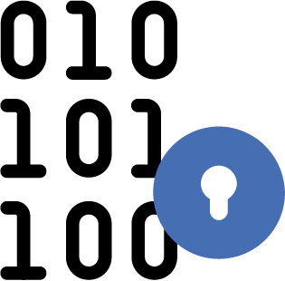 Ikon af binær talkode og en blå lås.