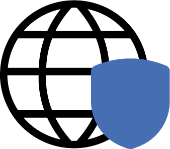 Ikon af globus med et blåt skjold foran.