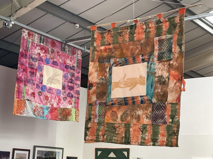 Friendship Banners 2023
ATC produced eight large textile banners, created from hand printed and dyed fabrics depicting screen printed images of friendship. Walked through streets of Cardiff to promote connections and friendship, and part of COMMONPLA