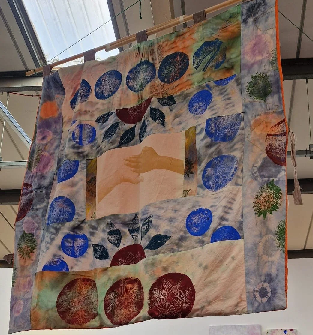 Friendship Banners 2023
ATC produced eight large textile banners, created from hand printed and dyed fabrics depicting screen printed images of friendship. Walked through streets of Cardiff to promote connections and friendship, and part of COMMONPLA