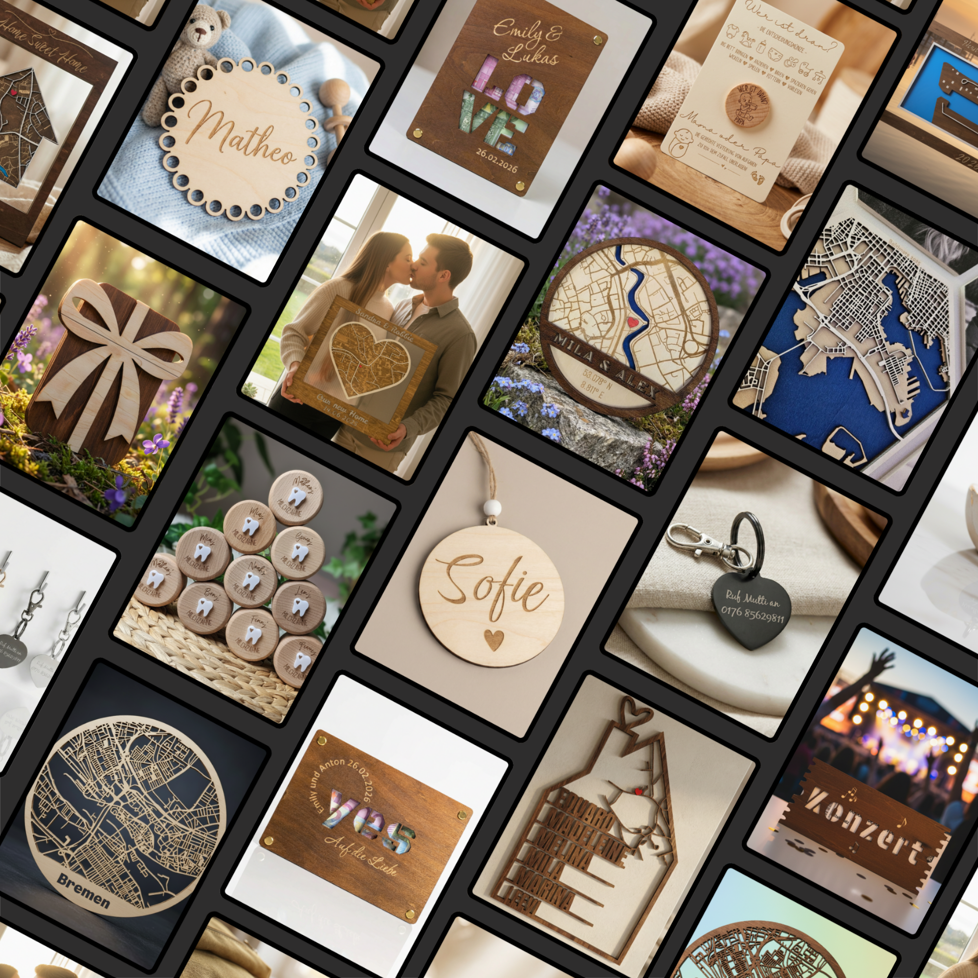 Collage aus verschiedenen personalisierten Holzkunstwerken, darunter Bilder, Schlüsselanhänger, Karten und Dekorationen mit Namen, Karten, Orten und Designs.