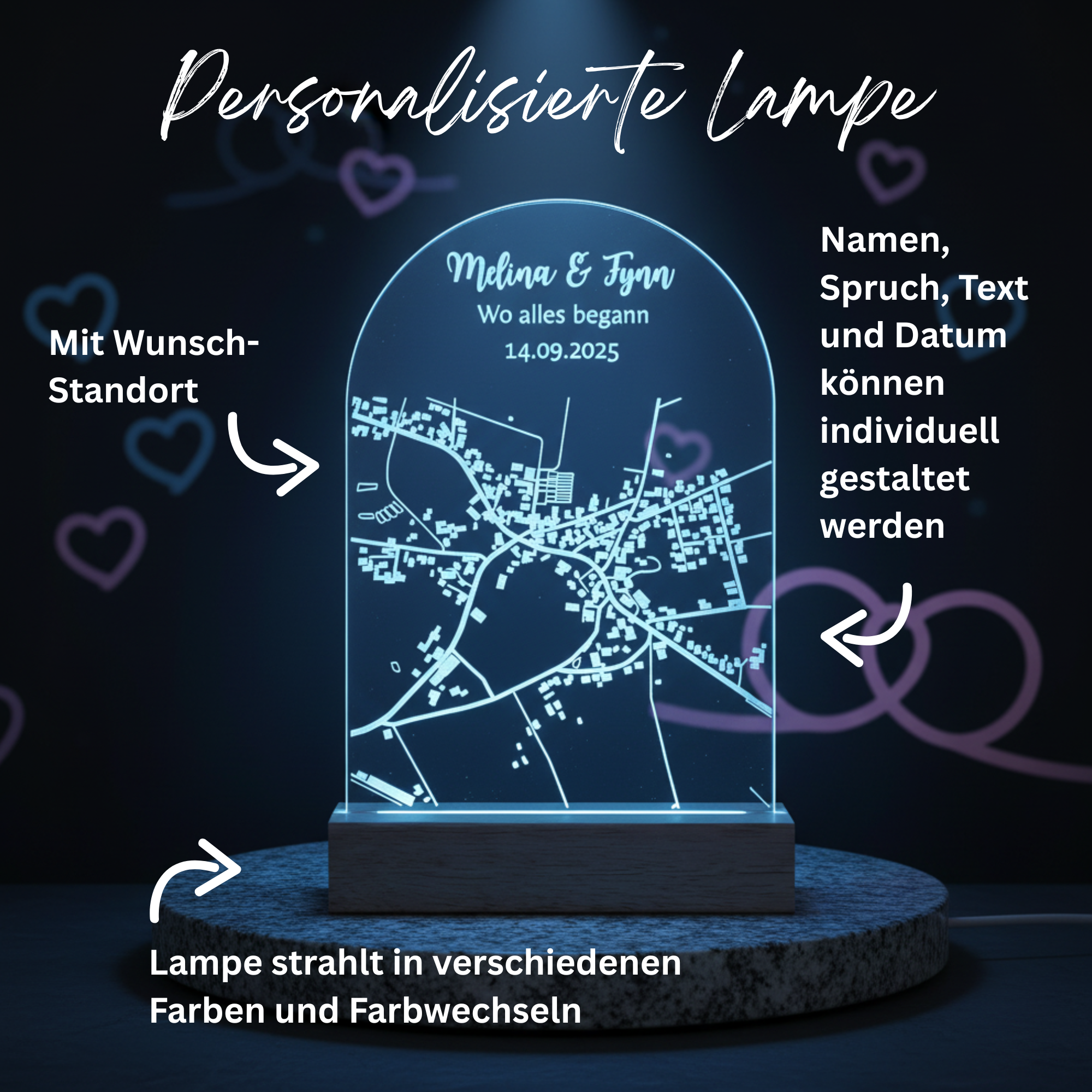 Personalisierte LED Stadtkarte Lampe mit Namen & Datum