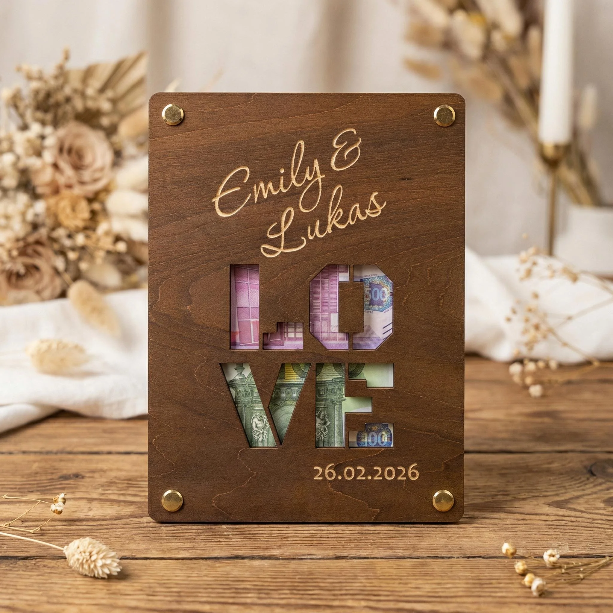 Personalisierte Geldgeschenk-Karte aus Holz zur Hochzeit
