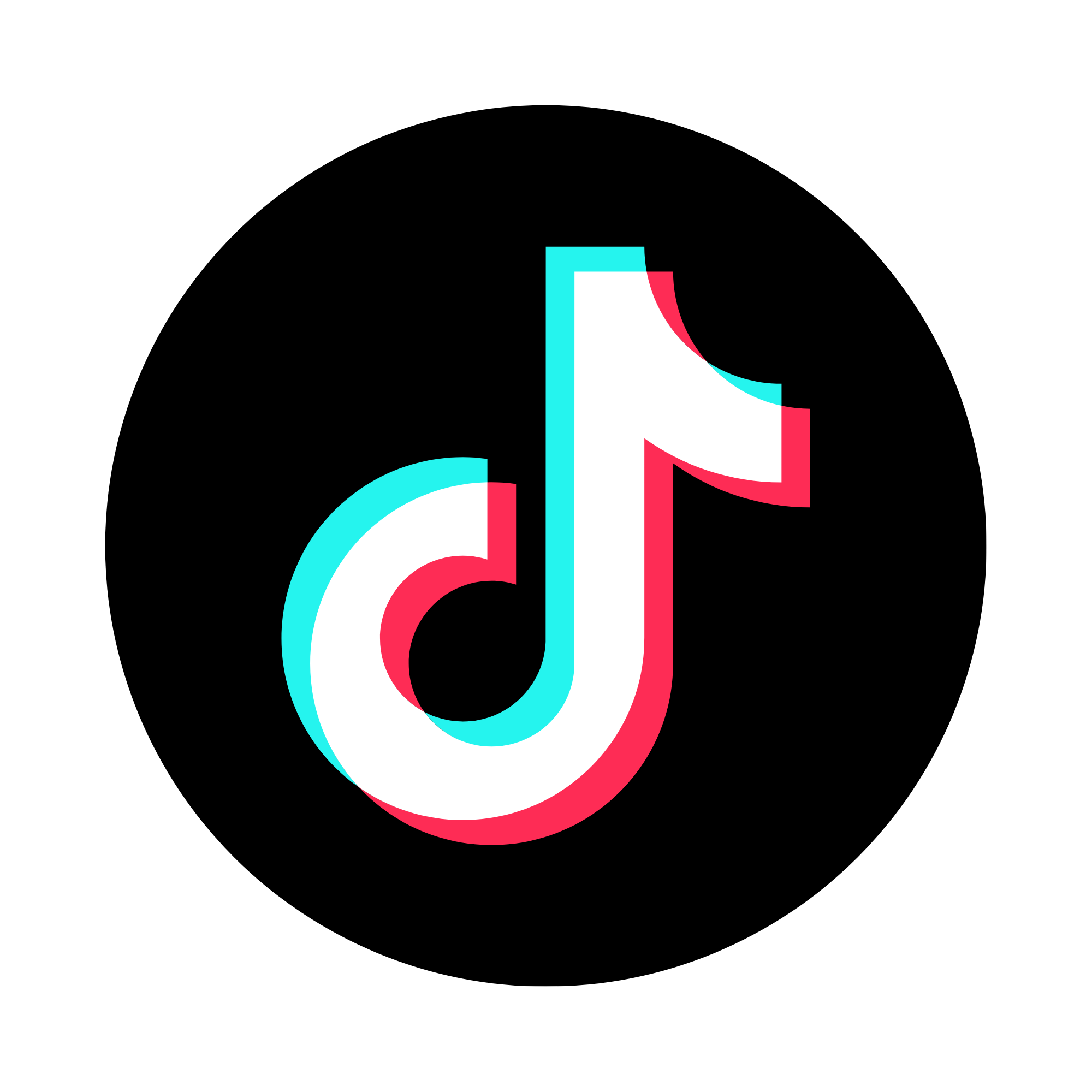 Das Bild zeigt das Logo von TikTok, mit der weißen, blauen und roten Farbe auf schwarzem Hintergrund.