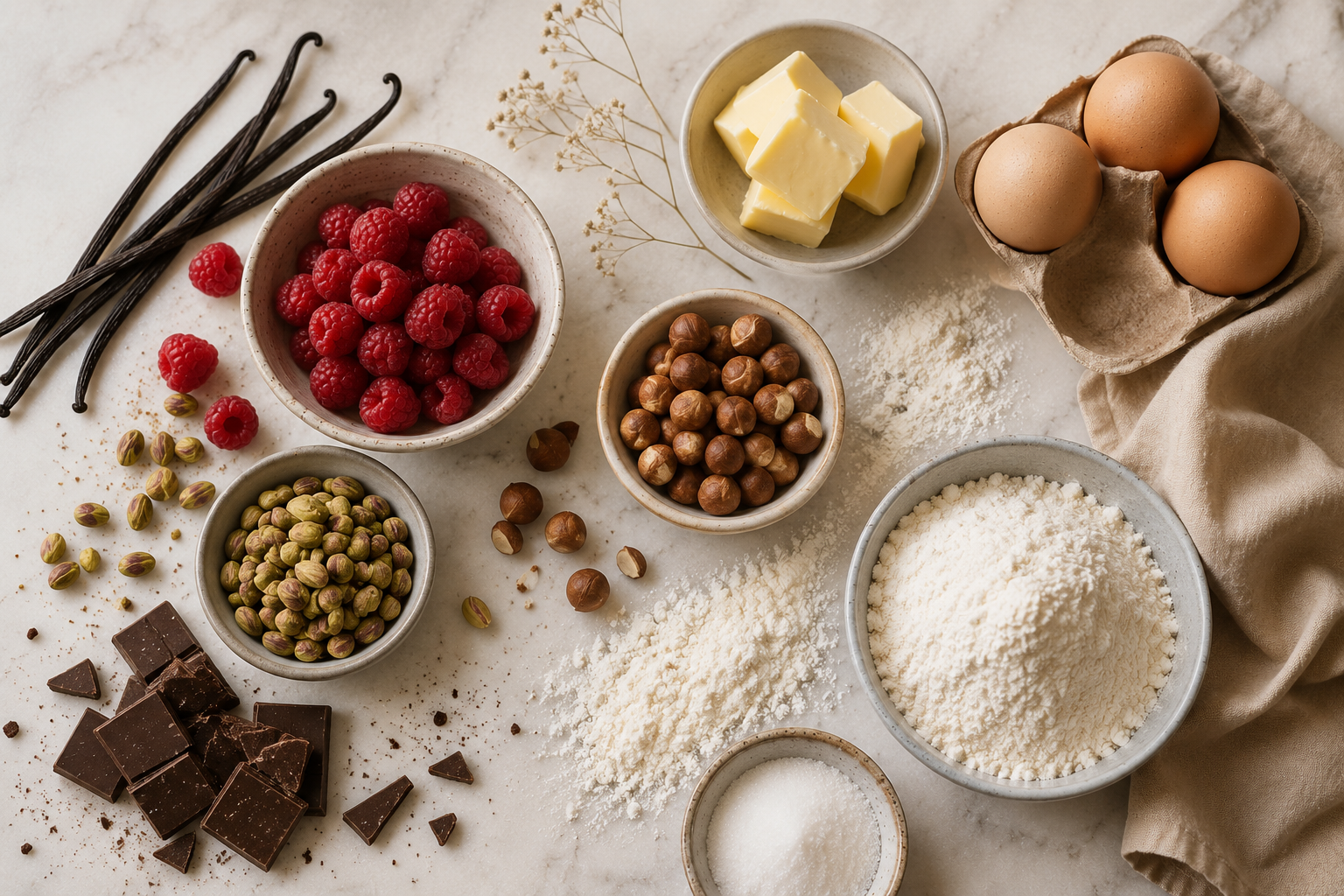 Ingrédients pour pâtisserie dont framboises, noisettes, pistaches, chocolat noir, beurre, œufs, farine, sucre, et poudre d'amandes, disposés sur une surface en marbre.