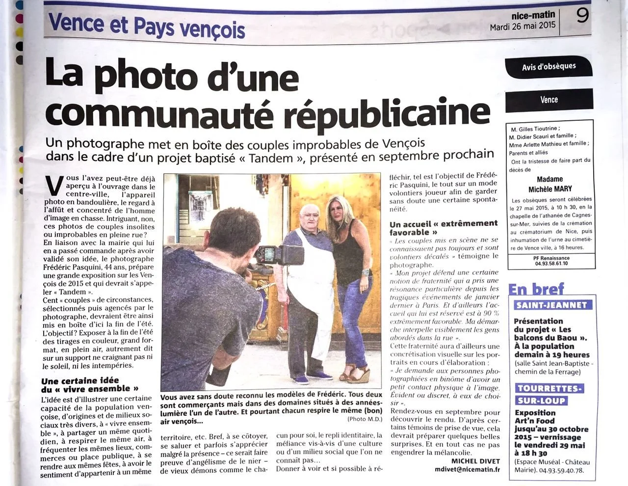 Photo in a French newspaper showing two women and a man, with a photographer taking a picture of them, inside a room. Headline mentions a community project.