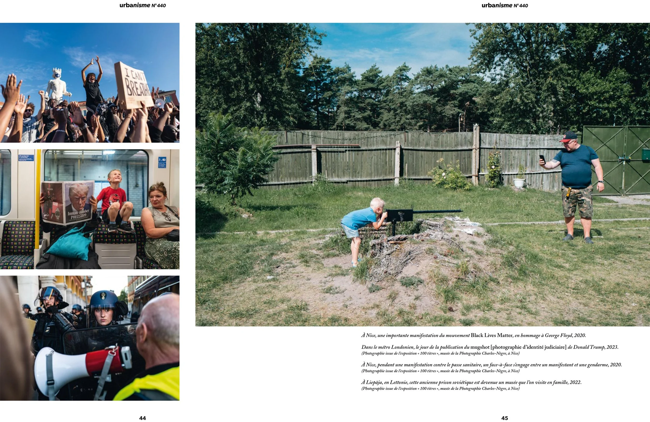Collage of four photographs: a protest with a crowd holding a sign that says 'I CAN'T BREATHE'; a child and woman sitting in a subway train, one holding a book with a political figure on it; police officers in riot gear confronting a man with a megap