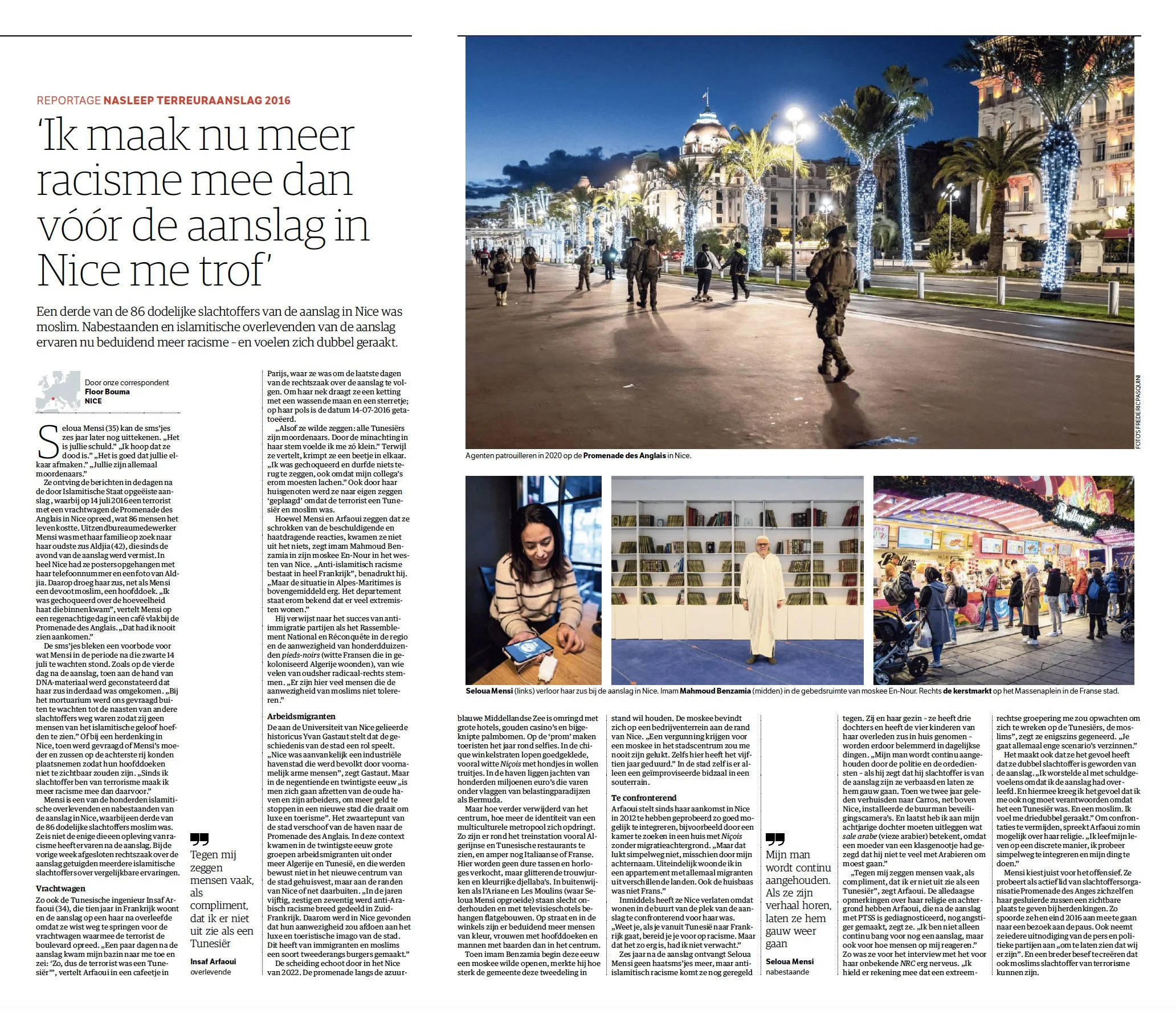 Nighttime scene of police officers patrolling a lit-up promenade in Nice, lined with palm trees and historic buildings, with a clear sky and a bright moon.