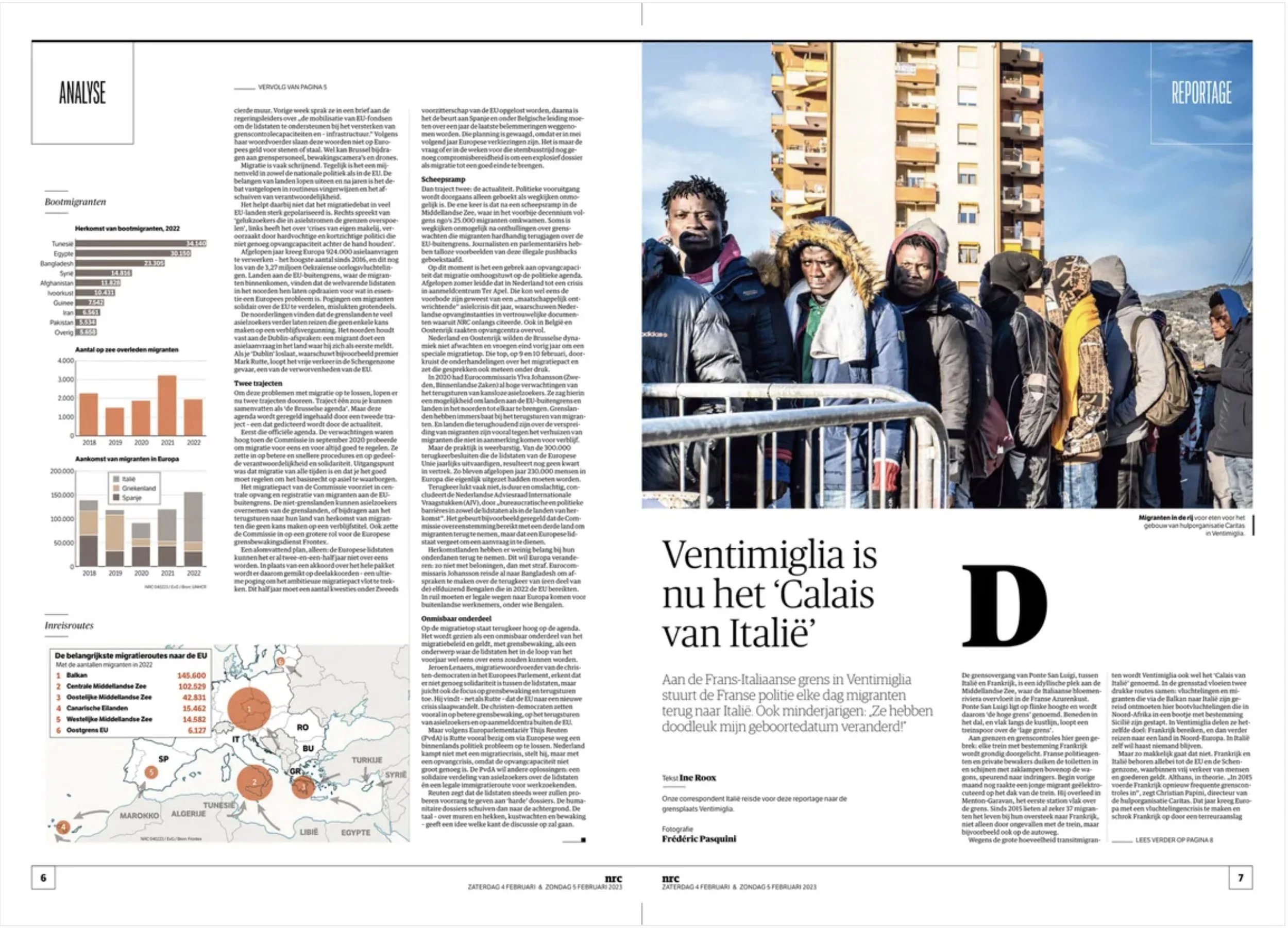 Photograph of a group of migrants waiting in line, with a tall apartment building in the background. They are dressed warmly and appear to be in a queue, some looking at the camera and others looking away.