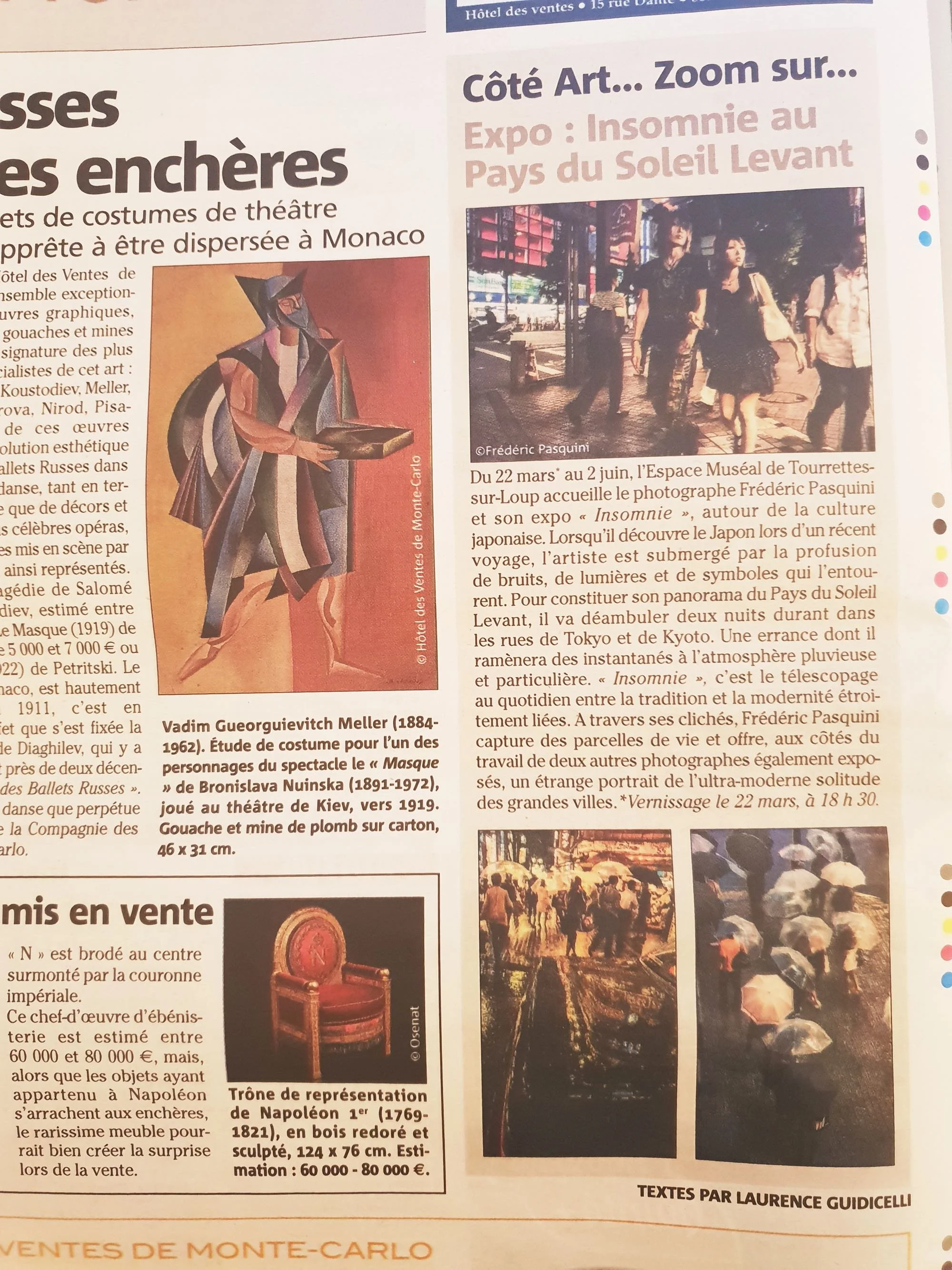 A newspaper page featuring an art exhibition called 'Insomnia' at the Pays du Soleil Levant, with a photograph of people walking outdoors at night under umbrellas, and two smaller images of street scenes with umbrellas and lights.