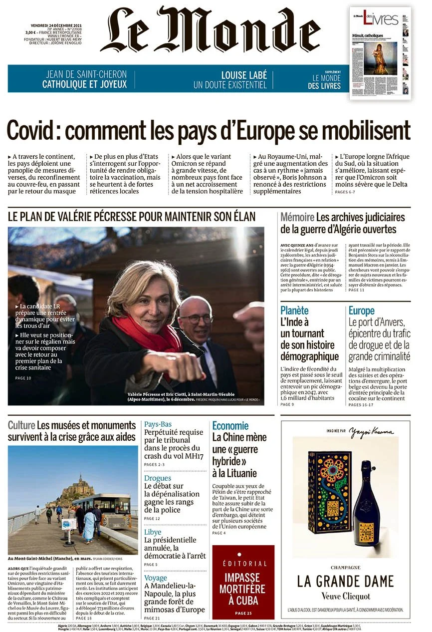 Front page of Le Monde newspaper dated December 24, 2021. It features headlines about Europe and Covid, a large photo of Valérie Pécresse and Eric Ciotti at Saint-Martin-Vésubie, and articles on culture, economy, and world events.