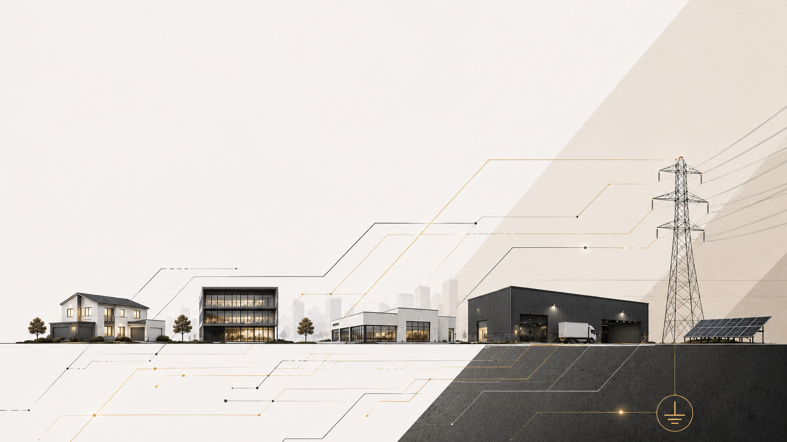 Illustration de plusieurs bâtiments type maison particulier, bureaux, immeubles, entrepôts avec une installation électrique complète courants fort et faible.