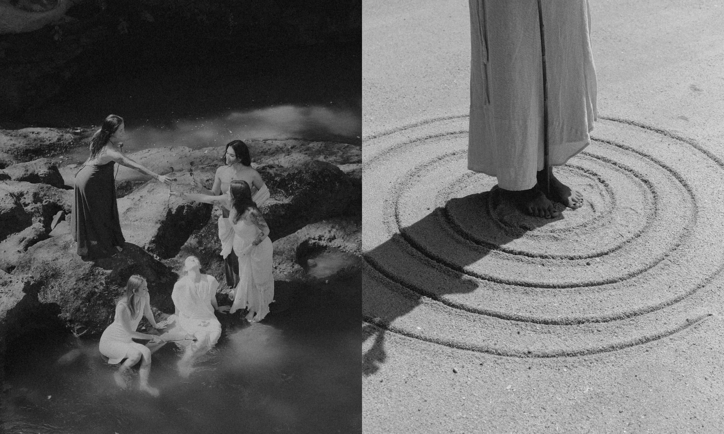 A black and white photograph showing two scenes. On the left, a group of women in white dresses are by the water, with one woman extending her hand to another woman sitting on a rock. On the right, a close-up of a person standing on sand with feet inside a circle drawn in the sand, casting a shadow.